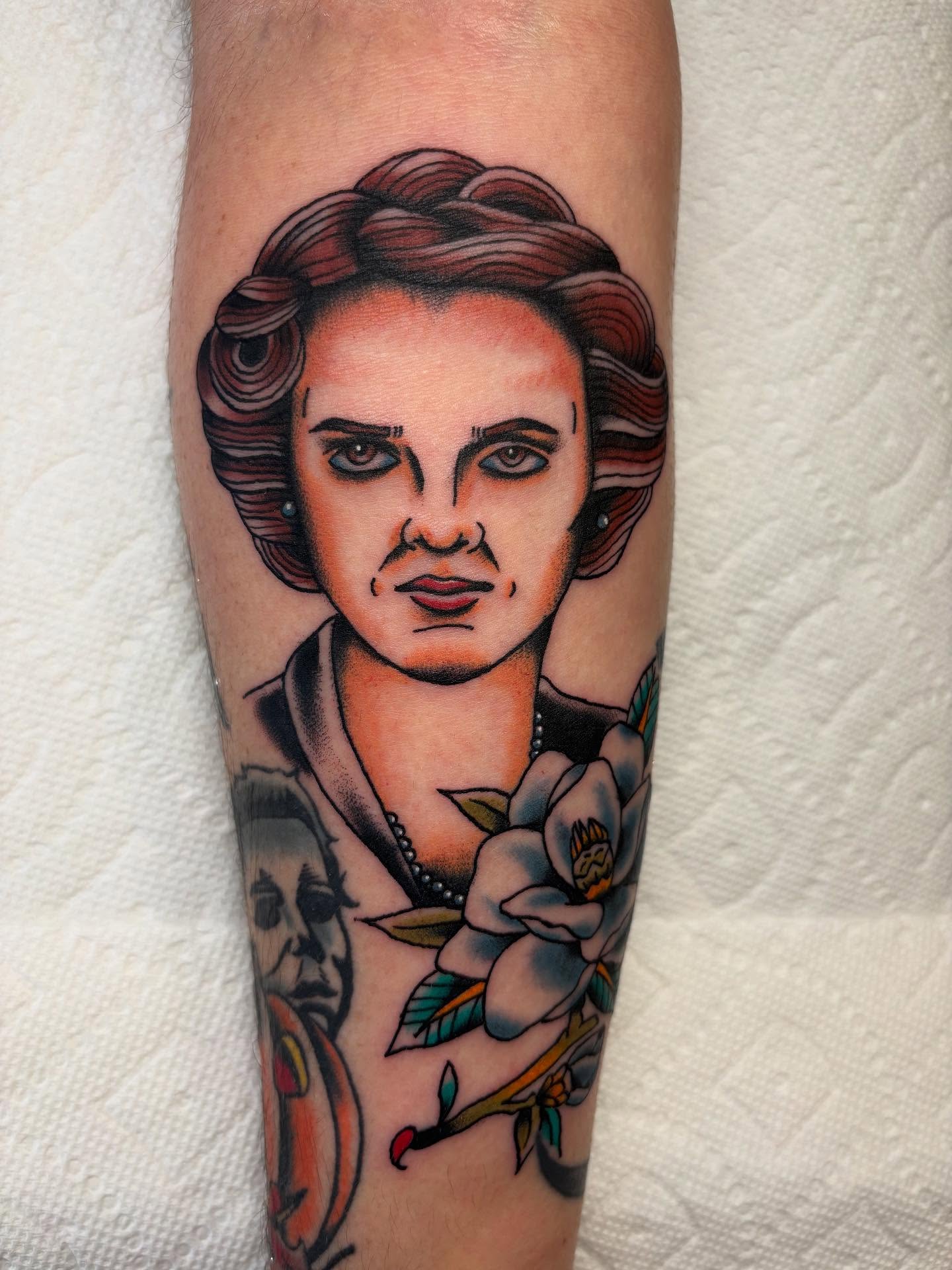Portrait of woman American traditional tattoo on the forearm by Ben Whyte