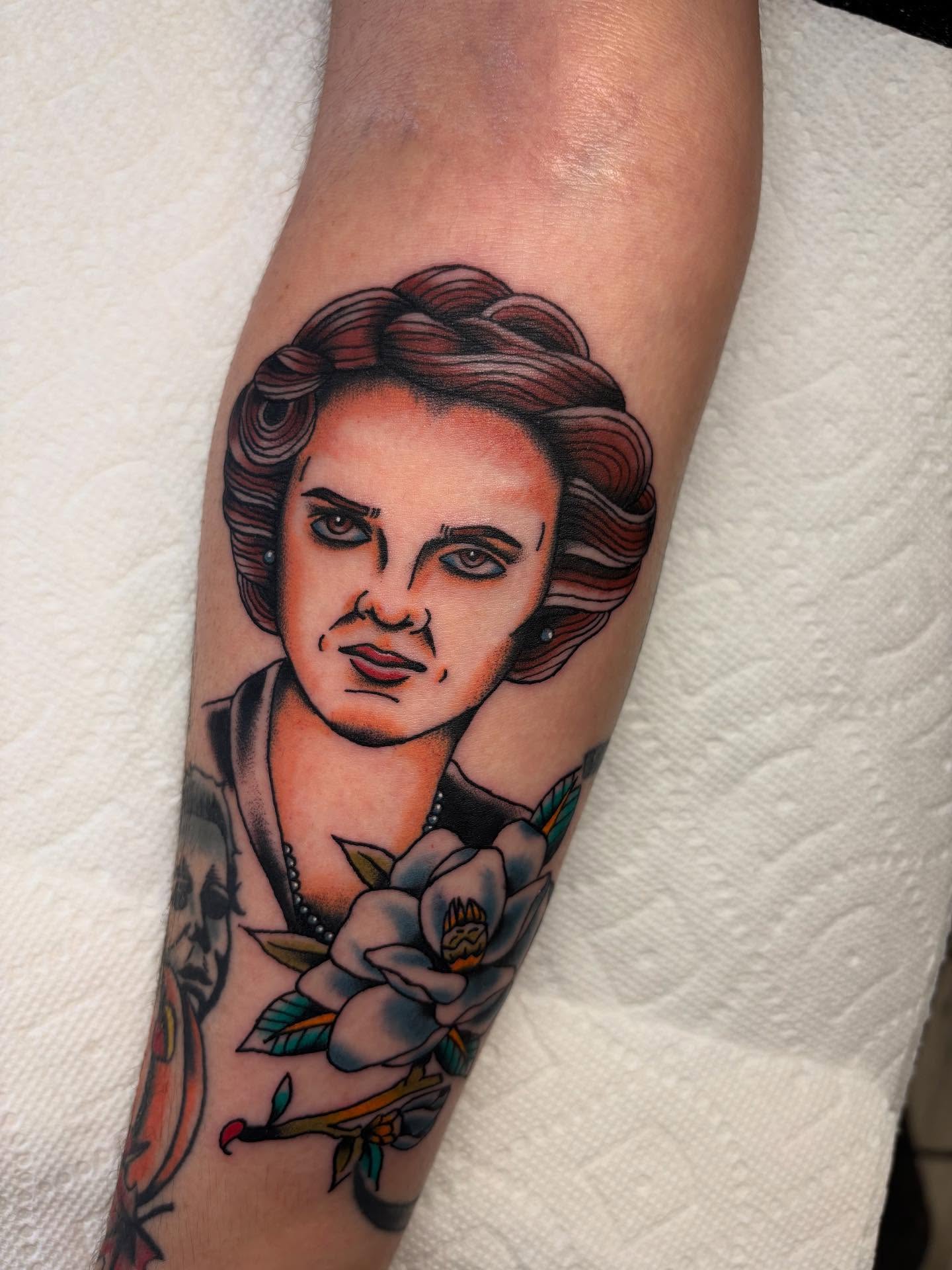 Portrait of woman American traditional tattoo on the forearm by Ben Whyte