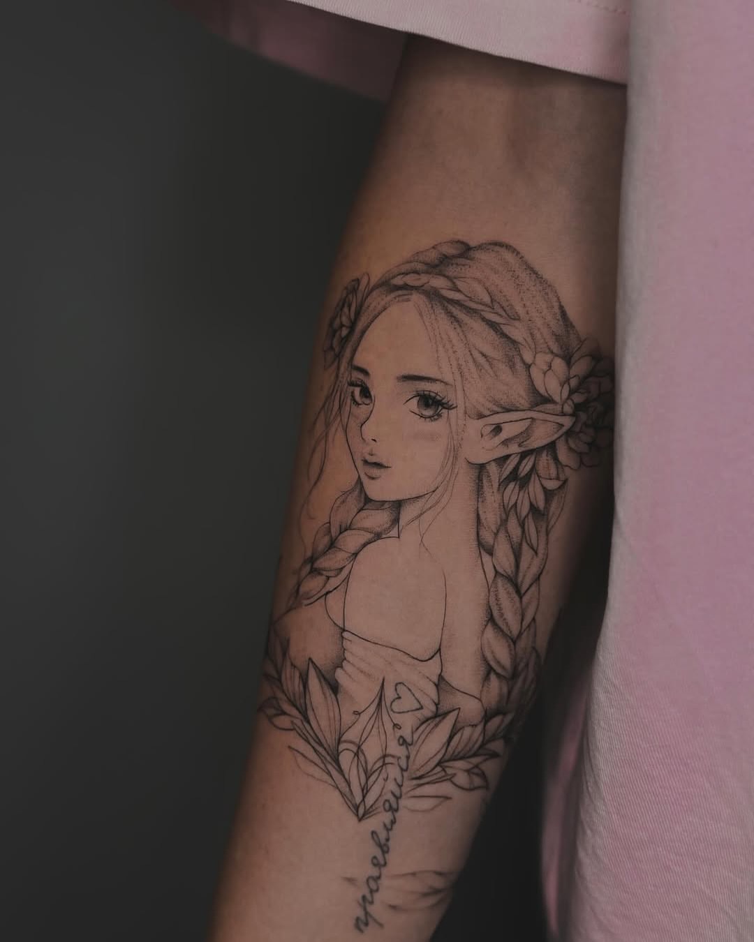 Elf girl realism tattoo on the forearm by Nina Fedorchenko