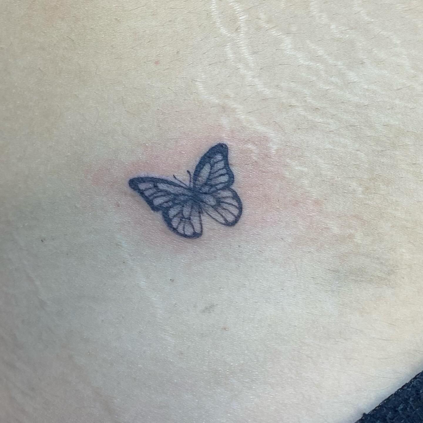 Butterfly black and grey tattoo on the thigh by MD Ariel🦷