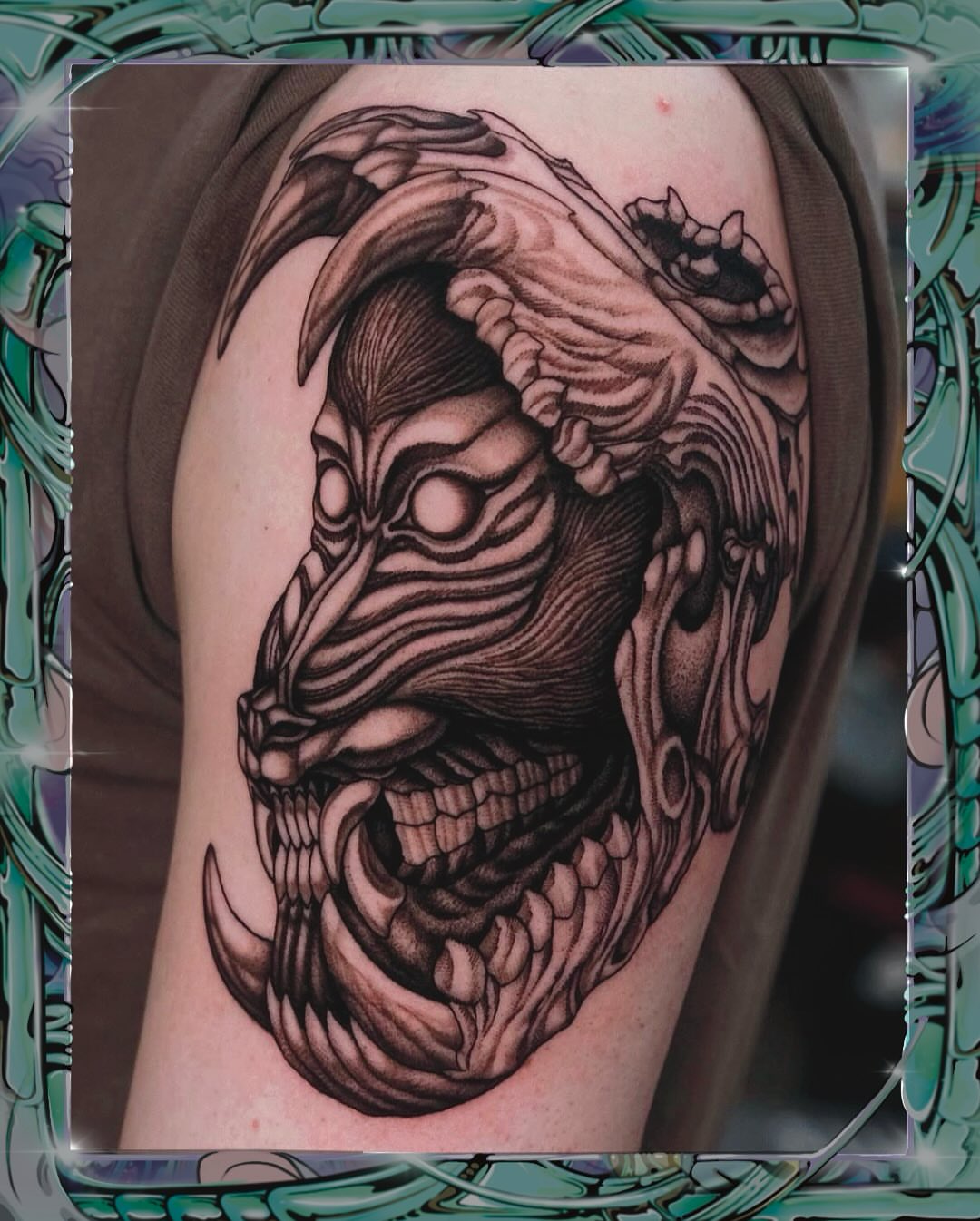 Demon head realism tattoo on the shoulder by Monkey Bob Tattoo