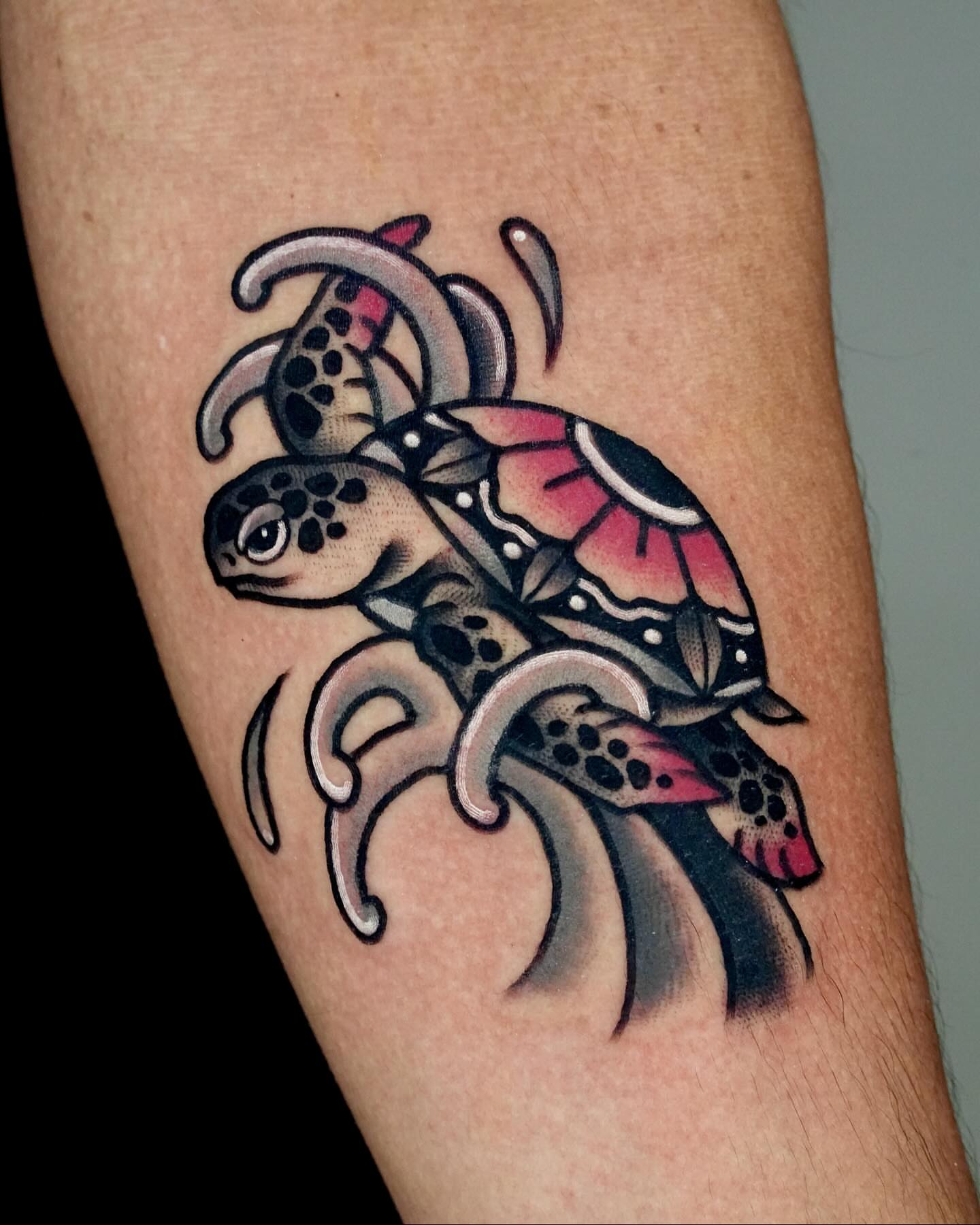 Sea turtle American traditional tattoo on the forearm by 부산타투