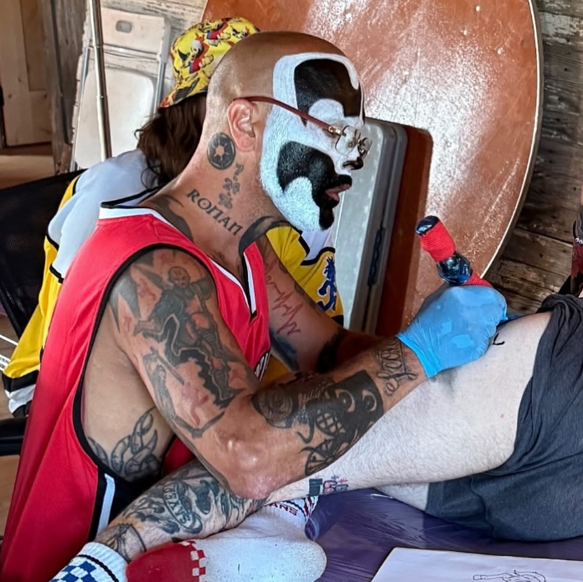 Clown face American traditional tattoo on the chest by Kyle O’Hara ॐ, Nashville, Tennessee