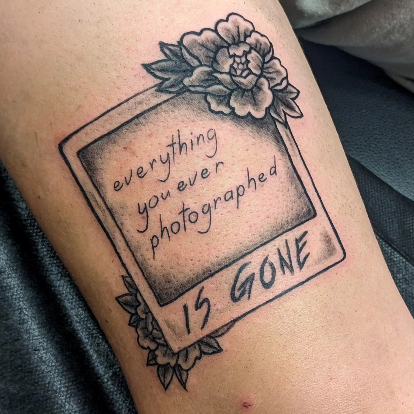 Photograph frame black and grey tattoo on the thigh by robin ✨ portland tattoo artist
