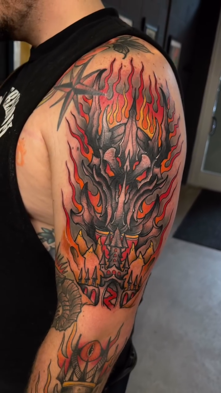 Demonic mask with flames japanese irezumi tattoo by Brandon Mola, Chicago, Illinois