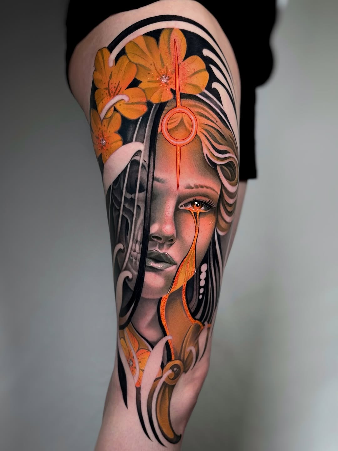 Woman with skull and flowers neo-traditional tattoo on the forearm by Aitor Arie, Roseville, California
