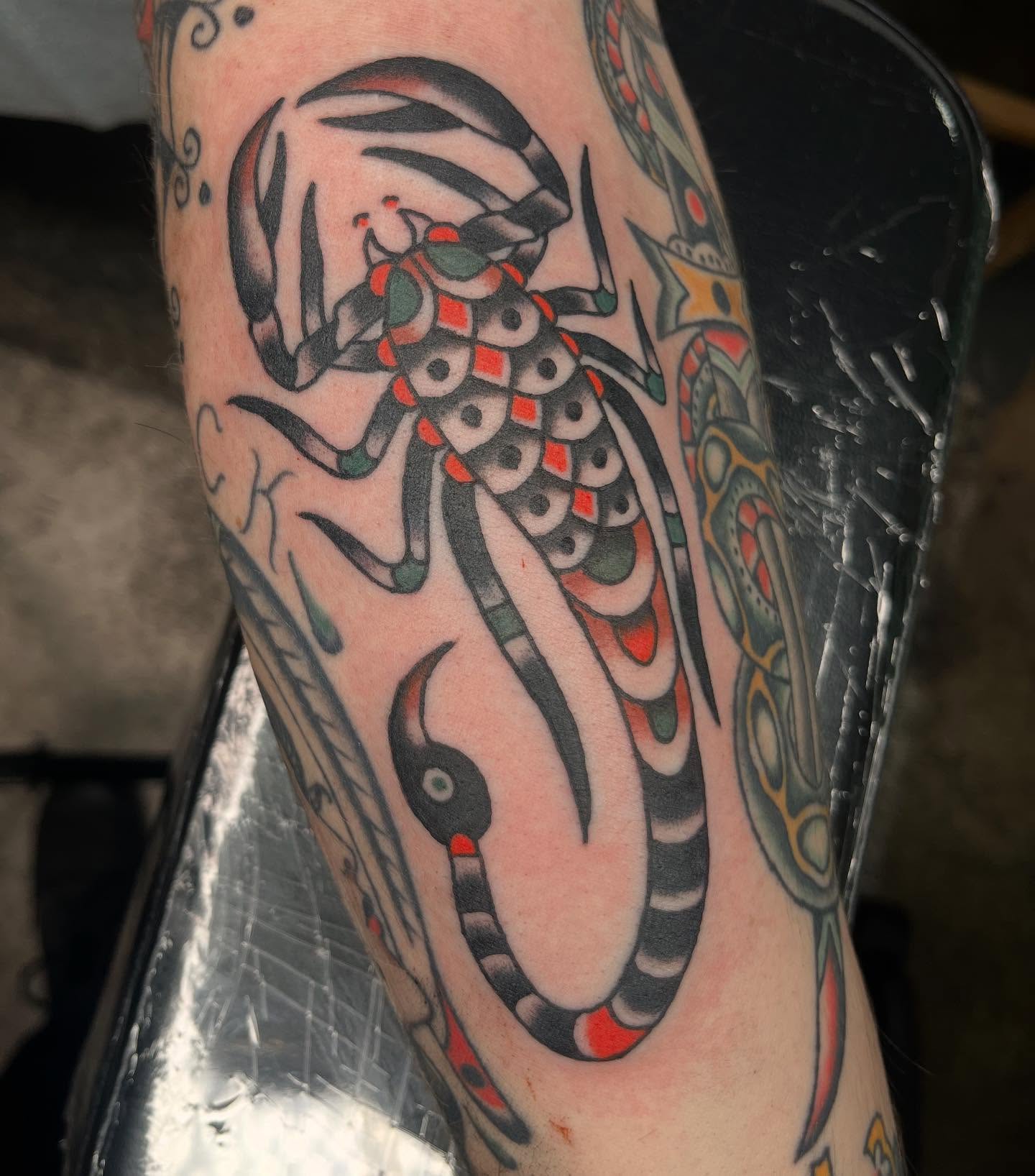 Scorpion and snake American traditional tattoo on the forearm by Nicole💀, Salt Lake City, Utah