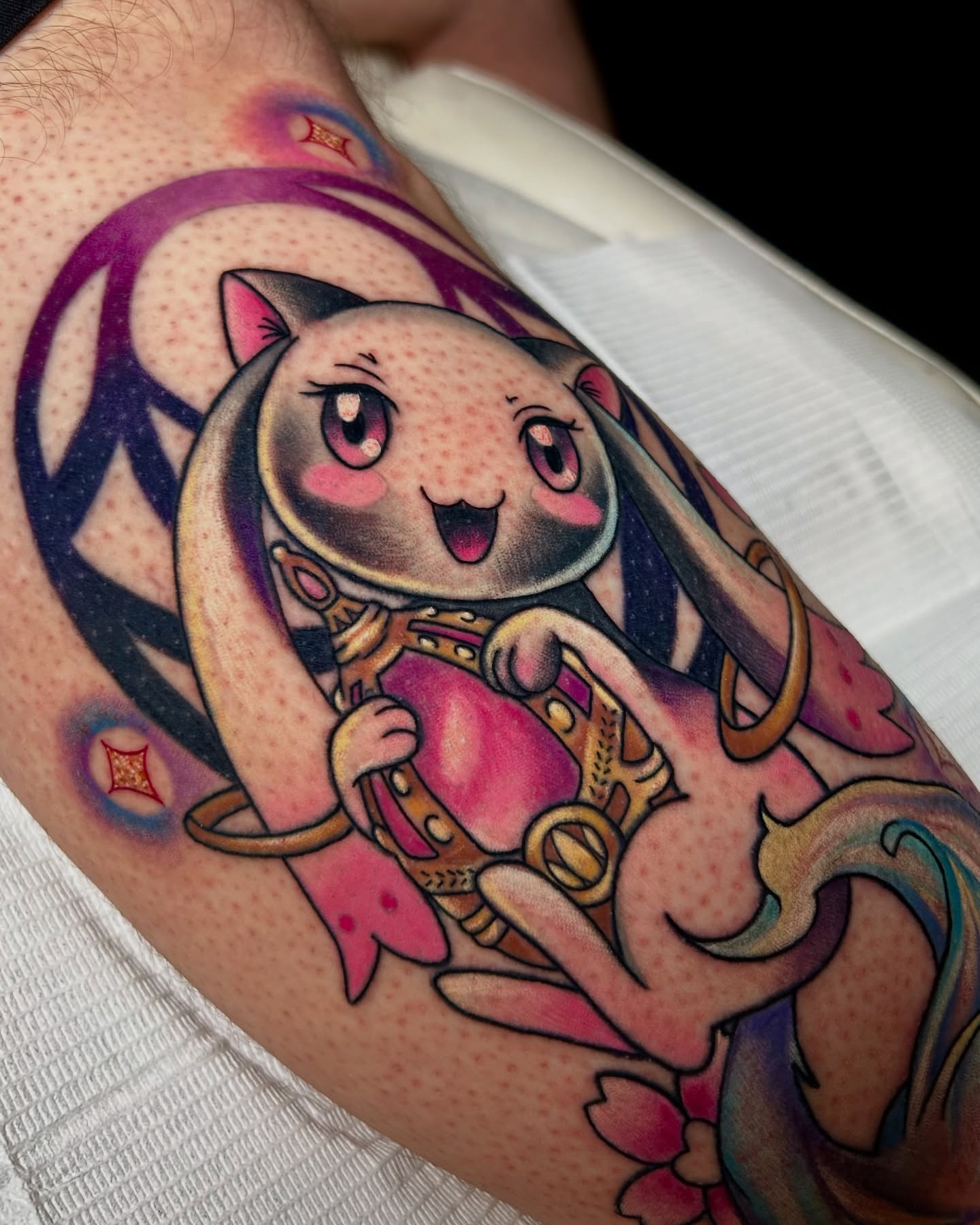 Cat with sword new school tattoo on the forearm by Tattoos By Lola Cavotta, Willoughby, Ohio