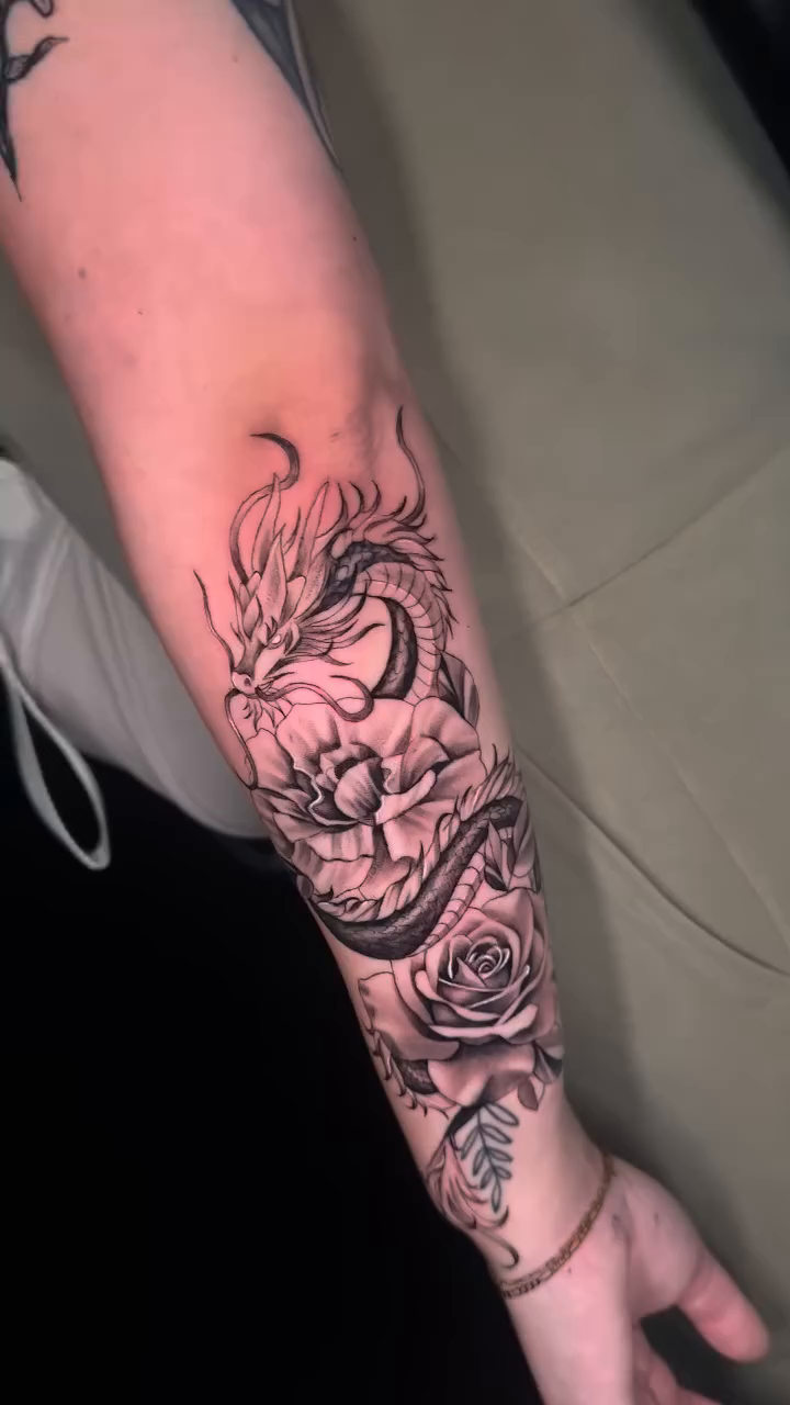 Dragon and roses japanese irezumi tattoo by Angela Azure