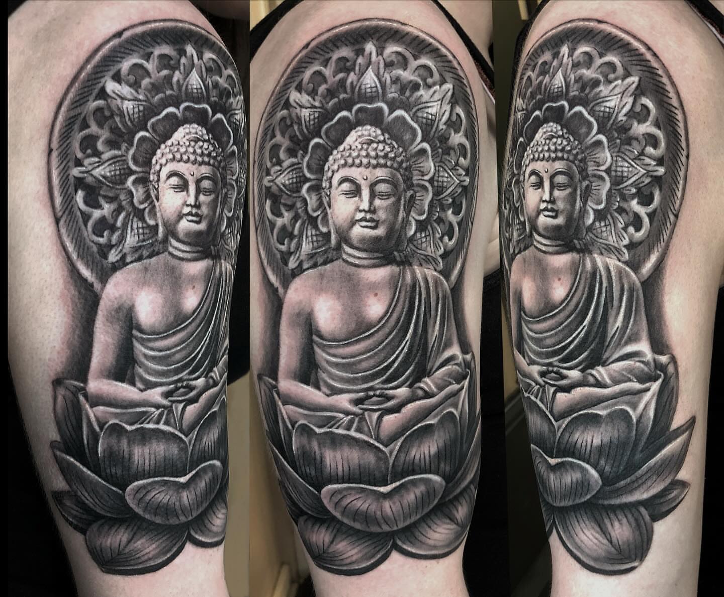 Buddha statue realism tattoo on the forearm by Rusty Dornhecker, Columbus, Ohio