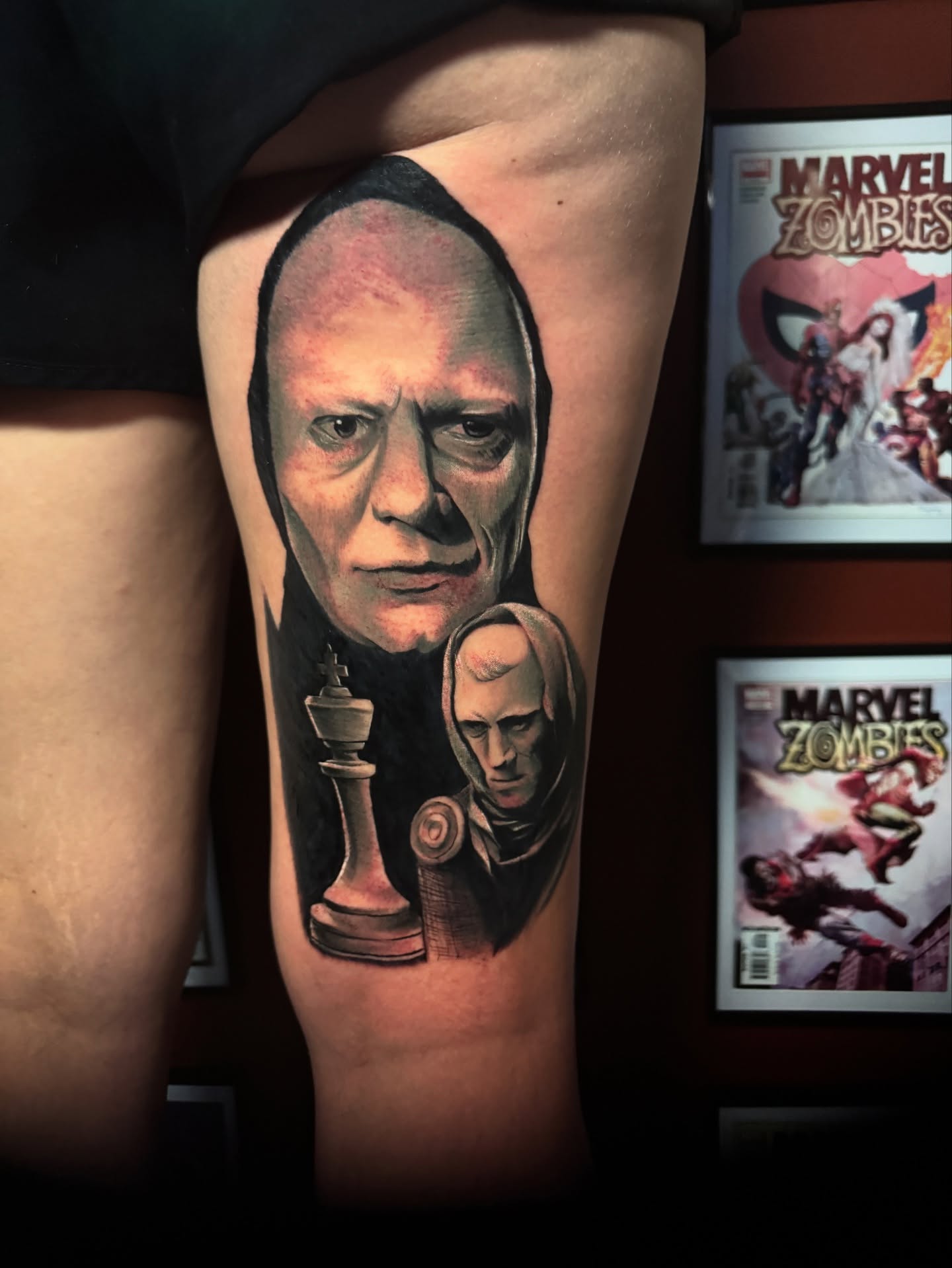 Zombie king realism tattoo on the thigh by Garrett Rautio
