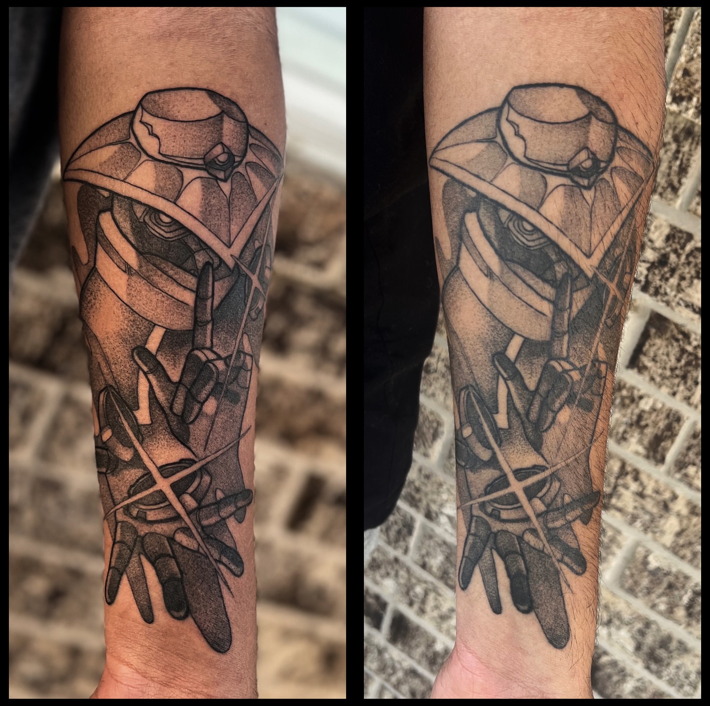 Mech hand dotwork tattoo on the forearm by ty ☆ nbtx tattoo artist