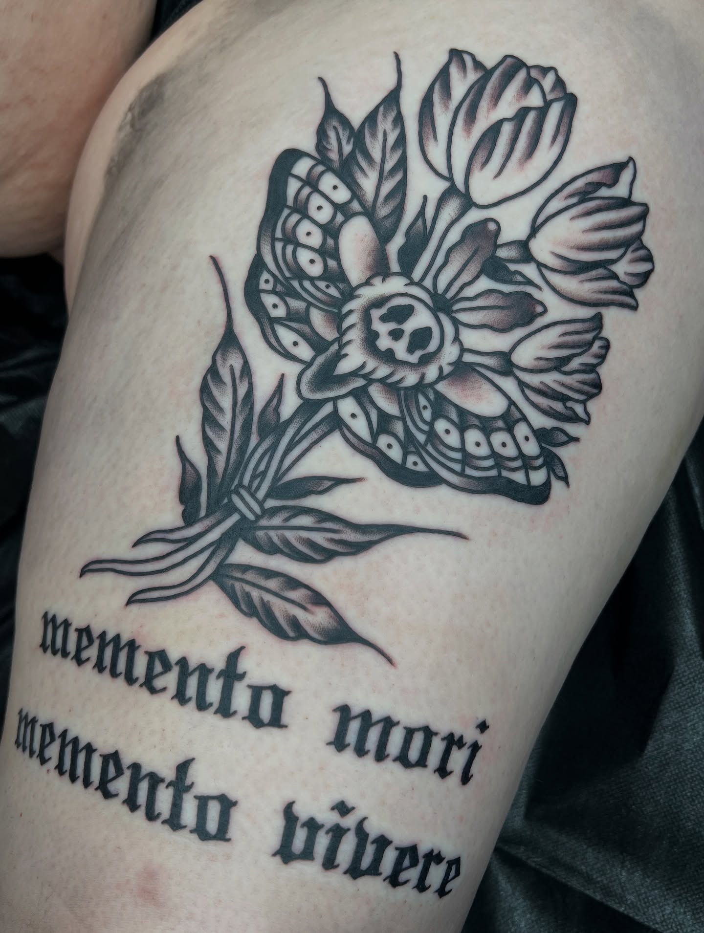 Memento mori black and grey tattoo on the thigh by Aiden Krone, San Diego, California