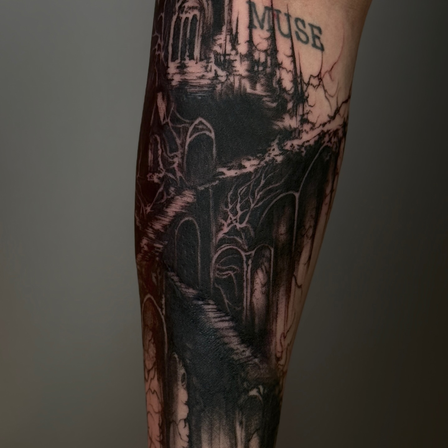 Haunted castle dark realism tattoo on the forearm by V เผ๏ธ ๐๐๐ญ๐ญ๐จ๐จ ๐๐ซ๐ญ๐ข๐ฌ๐ญ