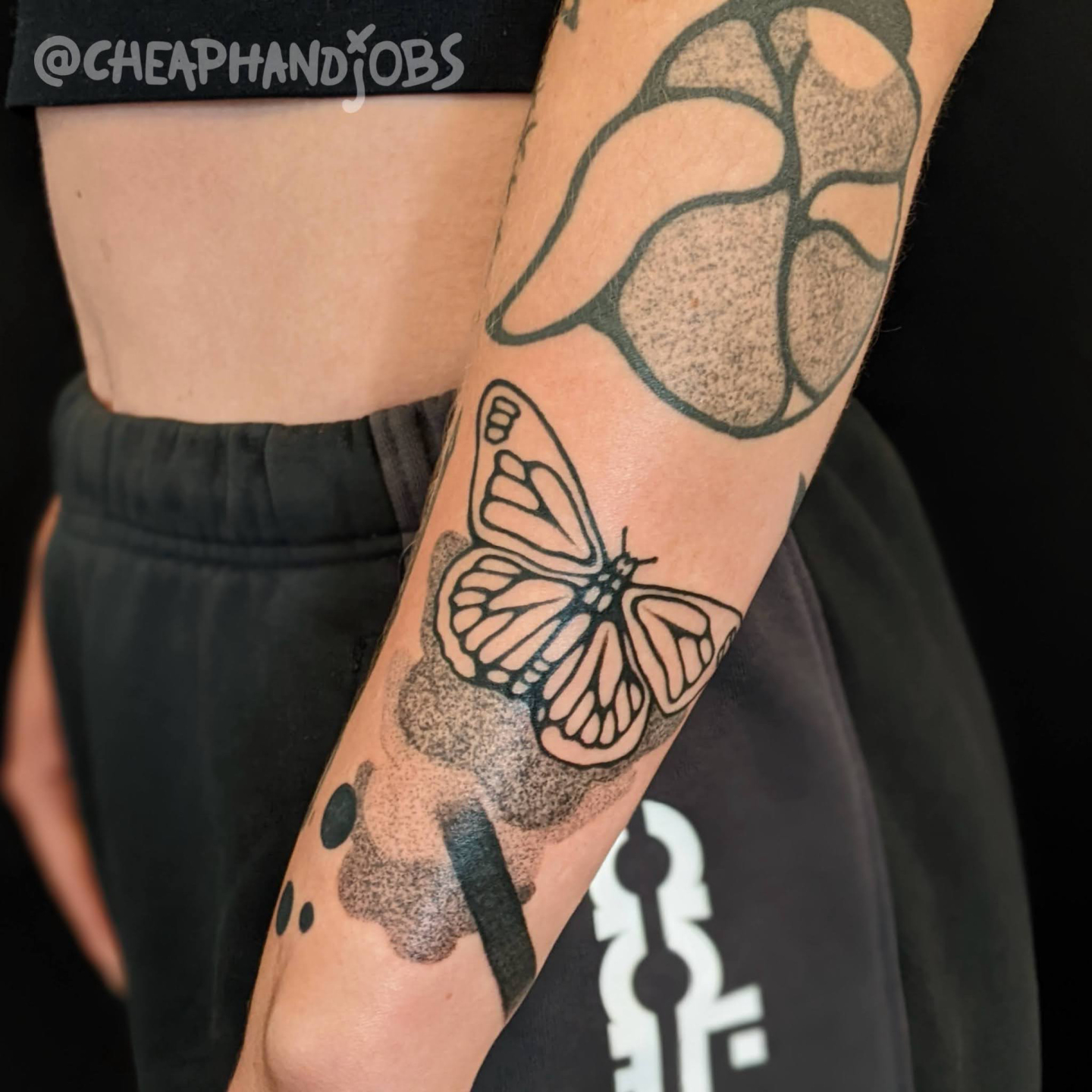 Monarch butterfly dotwork tattoo on the forearm by @cheaphandjobs, Leipzig, Germany