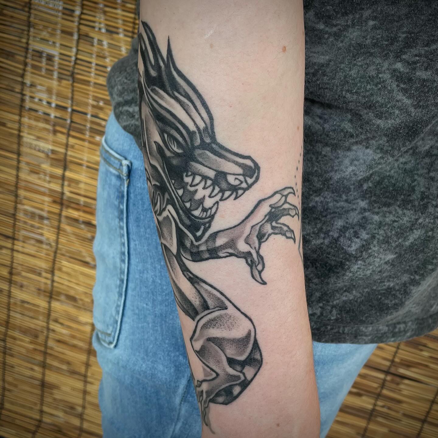 Dragon dotwork tattoo on the forearm by Brianna, Portland, Oregon