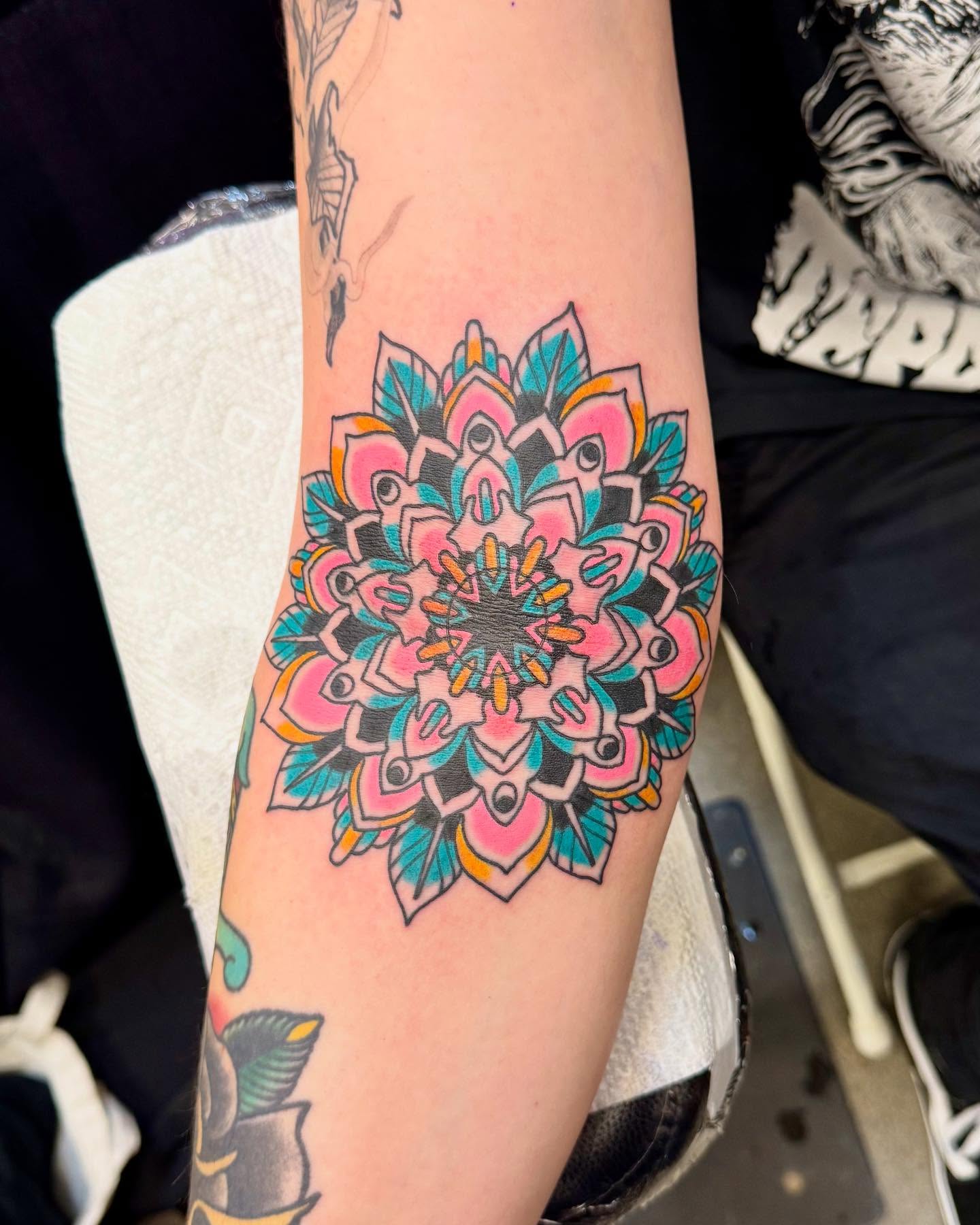 Mandala geometric tattoo on the forearm by Curtis Stairs, Seattle, Washington