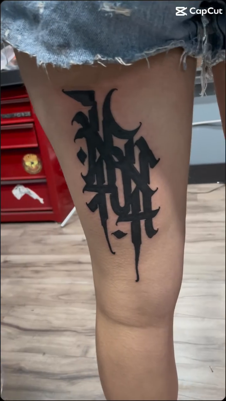 Gothic lettering blackwork tattoo by Mark Johnson [Tattoo Artist]