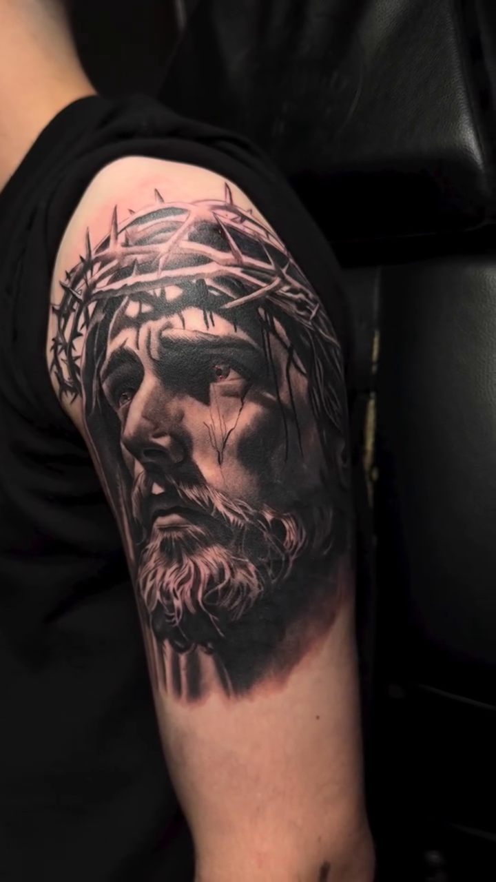 Jesus Christ realism tattoo by Kaleb Trujillo