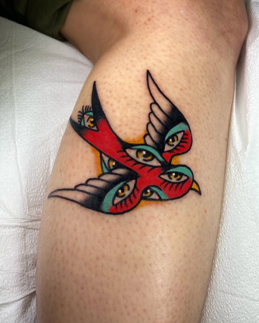 Birds American traditional tattoo on the forearm by @rubber_band_dan, San Francisco, California
