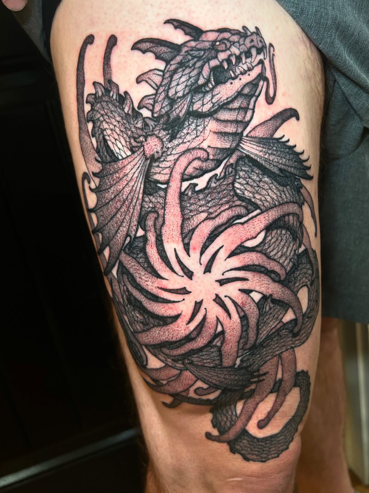 Tattoo by @catzilla_tattoos — dotwork, black_and_grey