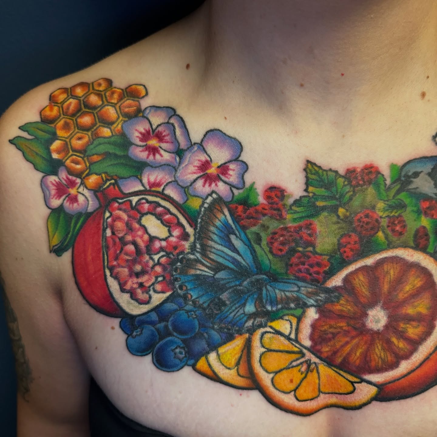 Fruit and butterfly realism tattoo on the chest by Maggie De La Torre ๐ณ๏ธโโง๏ธ๐ฒ๐ฝ