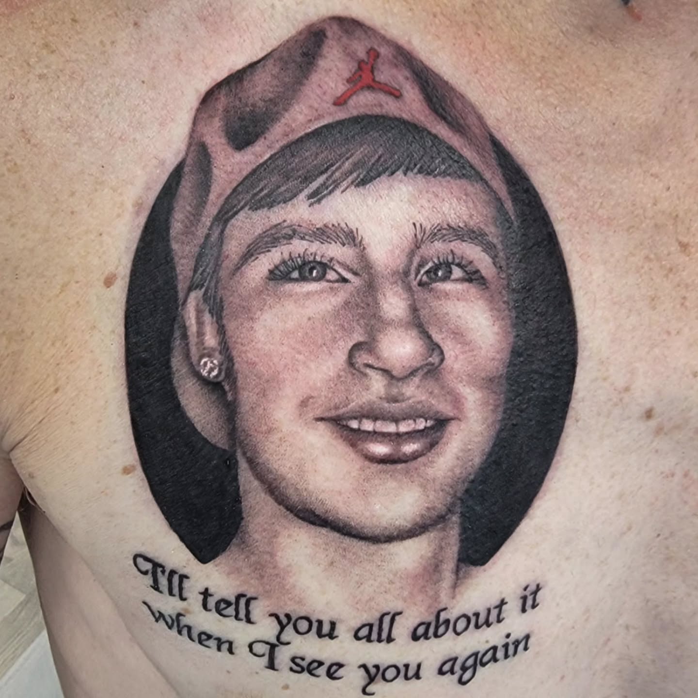 Portrait realism tattoo on the chest by Chantel Chan, Portland, Oregon