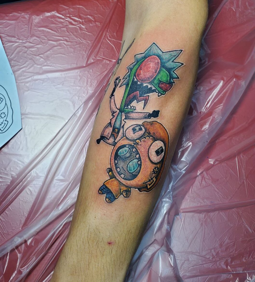 Robotic character dotwork tattoo on the forearm by Matthew Ray, Harrisburg, North Carolina