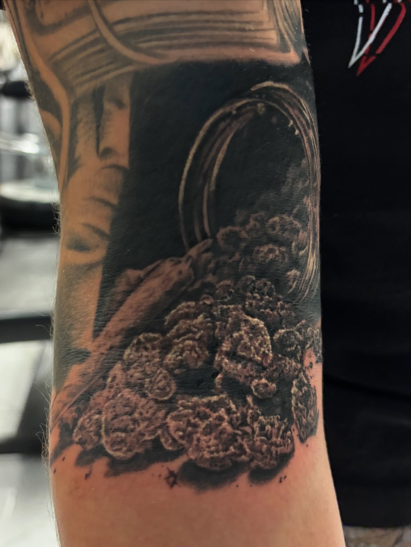 Clouds and ring realism tattoo on the forearm by Cristiano Ochoa, Elk Grove, California