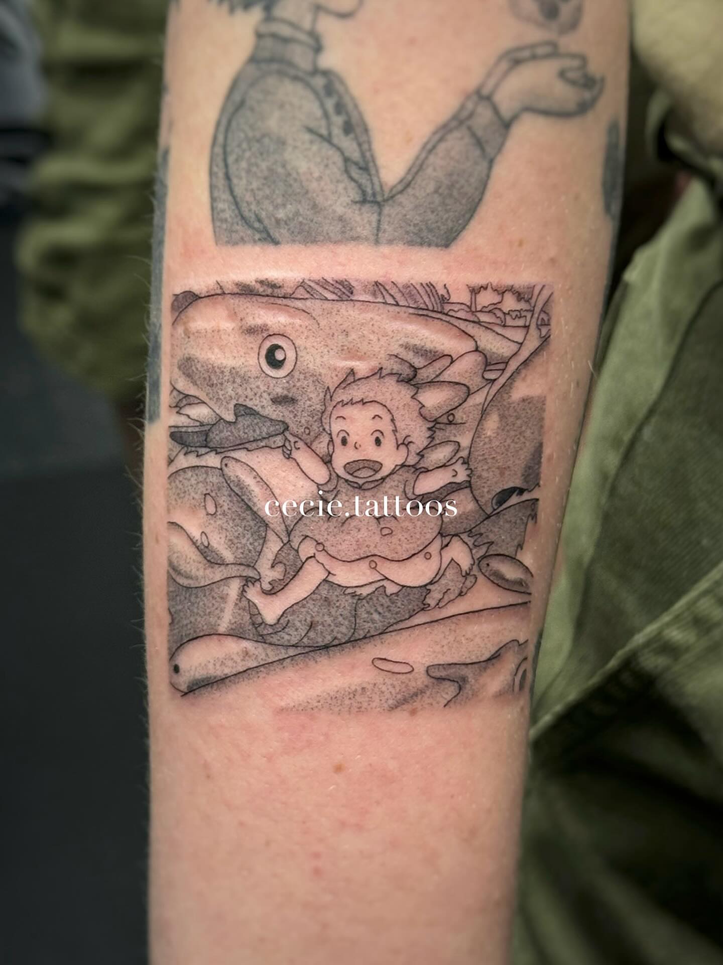 Child and whale dotwork tattoo on the forearm by cecie moua
