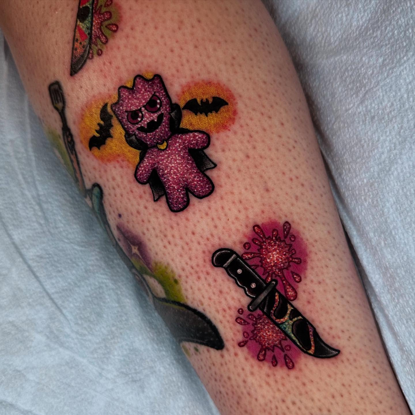 Vampire teddy bear dotwork tattoo on the forearm by πΈπππππππ πΈππππππππ, Bel Air, Maryland