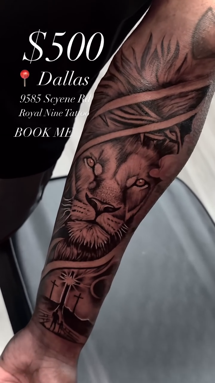 Lion with religious imagery realism tattoo by INK with KIRON 🇳🇵 🇺🇸DTX, Dallas, Texas