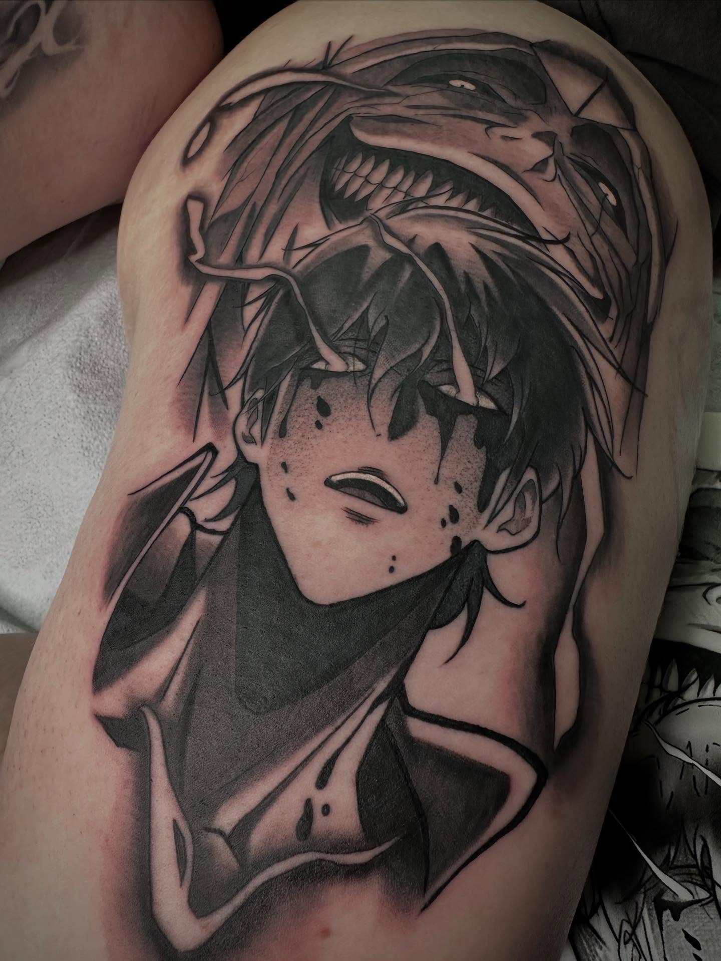 Anime character anime tattoo on the shoulder by Alfred