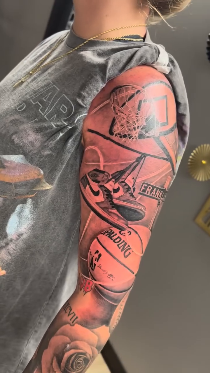 Basketball sleeve with roses realism tattoo by ๐๐๐๐ ๐๐๐๐