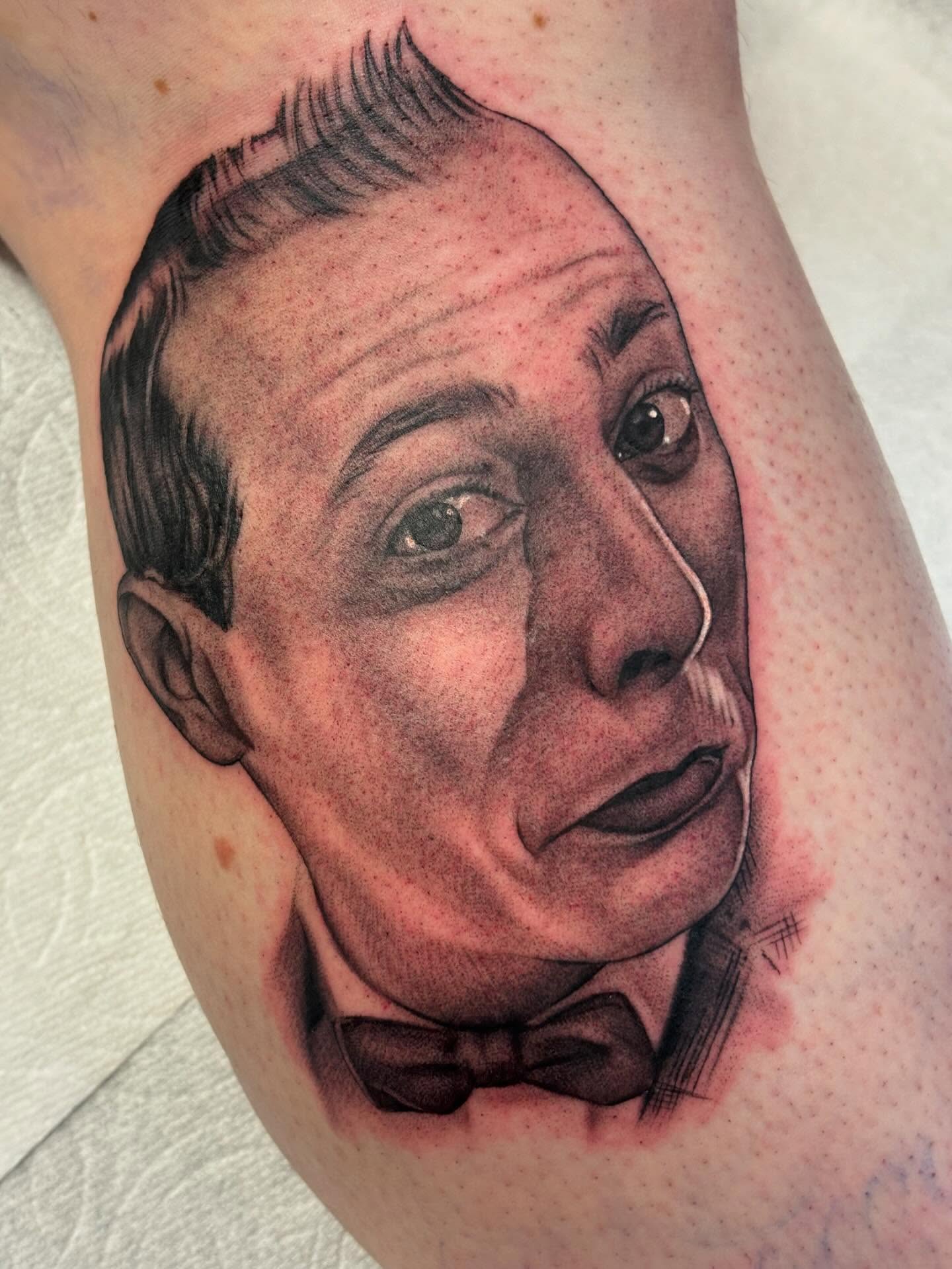 Face realism tattoo on the forearm by Storm