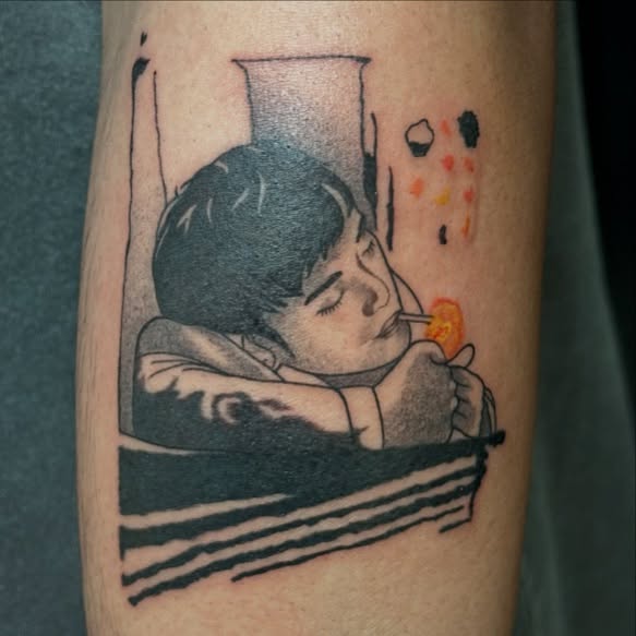 Boy smoking lollipop realism tattoo on the forearm by Persia Leilani