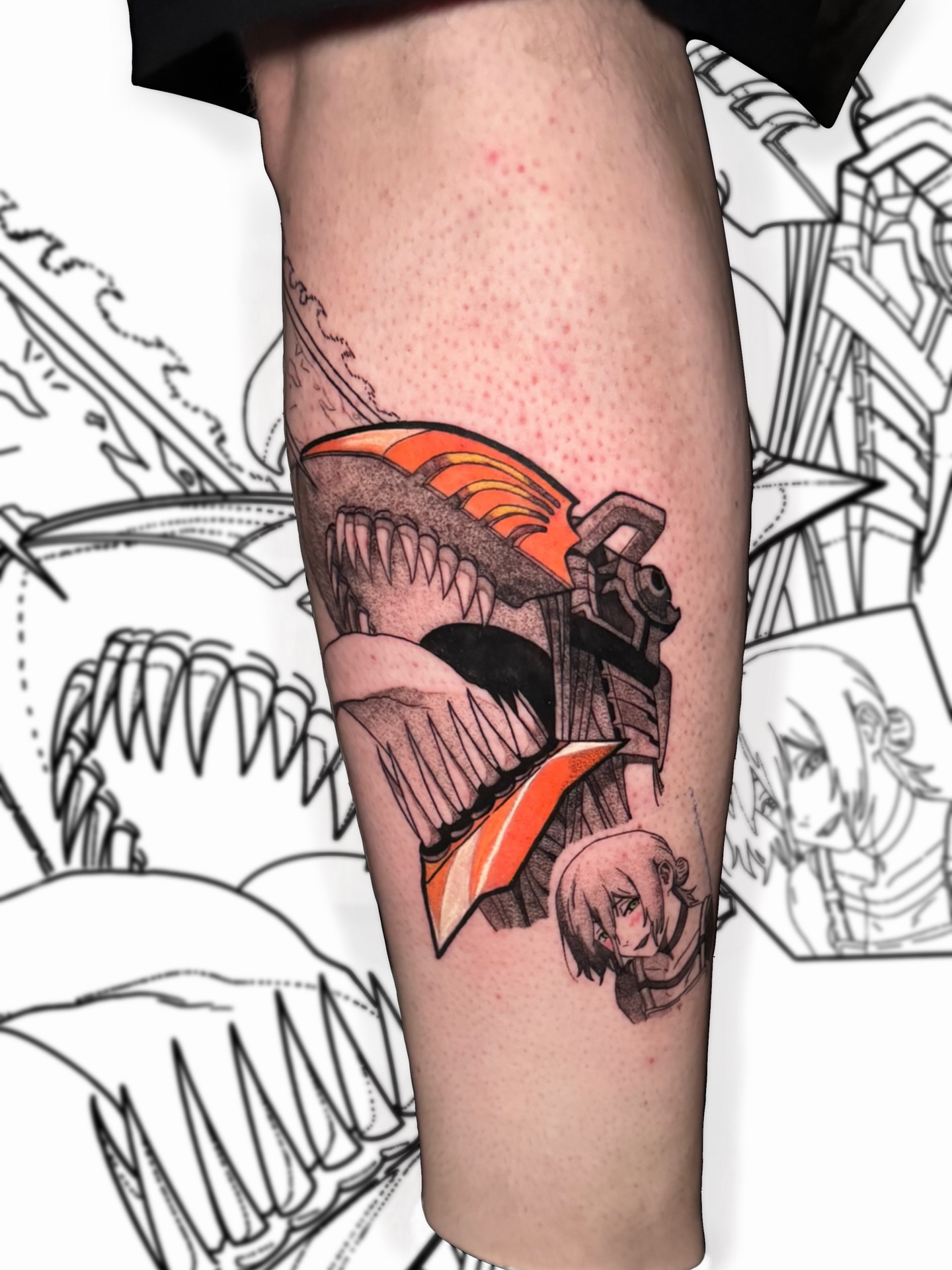 Anime character with mechanical elements anime tattoo on the forearm by D