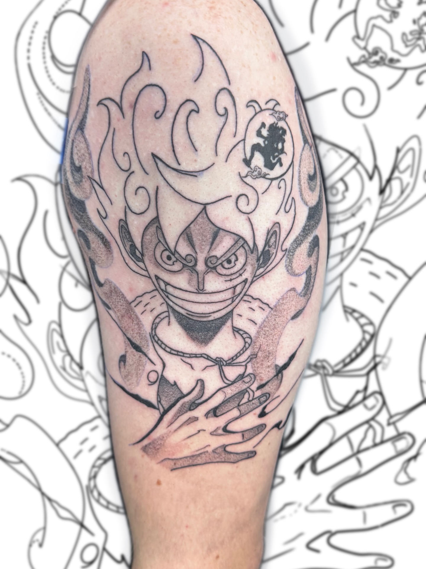 Masked figure black and grey tattoo on the forearm by D