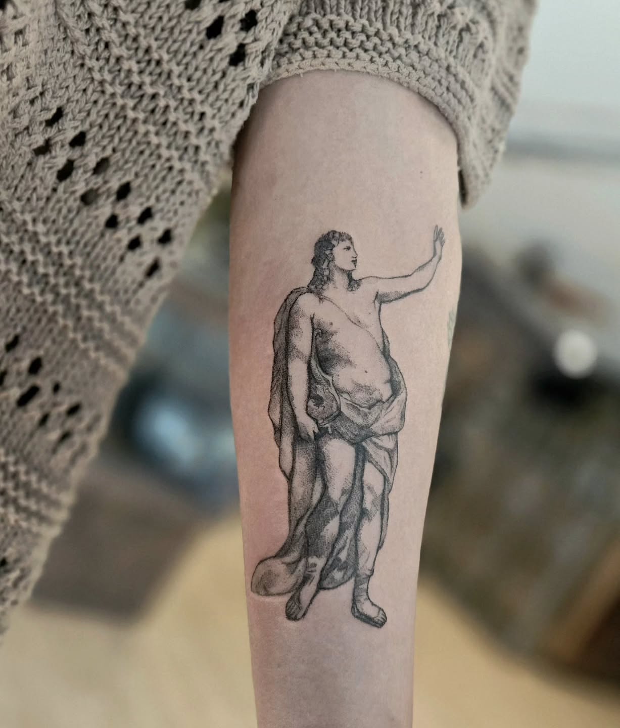 Statue of david black and grey tattoo on the forearm by Vintage tattoo