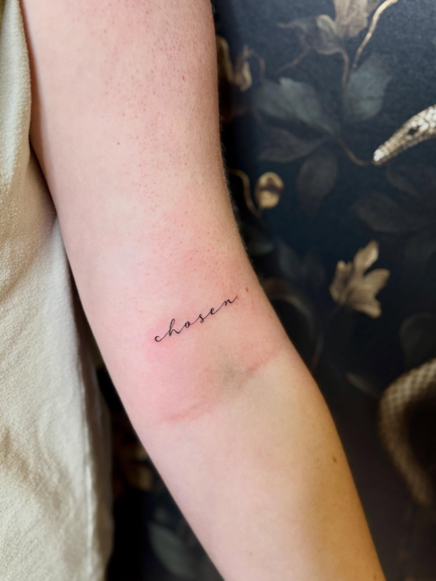 Chosen lettering script tattoo on the forearm by Fineline Tattoos π€ Hailey L.