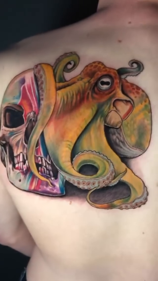 Octopus and skull realism tattoo by Kayden DiGiovanni, Addison, Texas