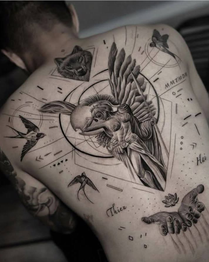 Angelic figure geometric tattoo on the back by Peter John