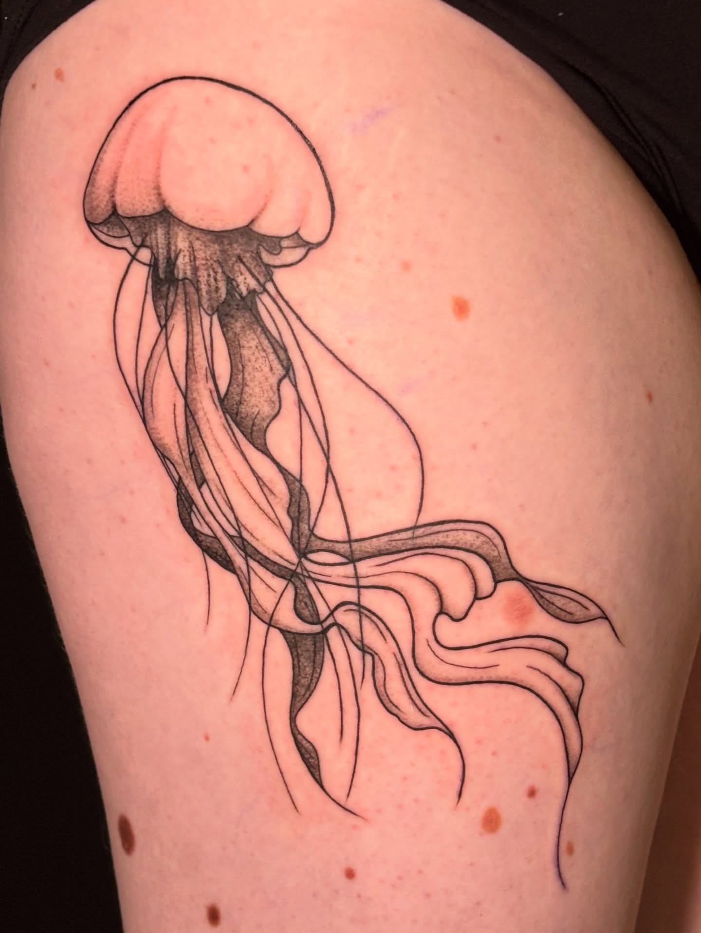 Jellyfish black and grey tattoo on the thigh by Sarah Sacco