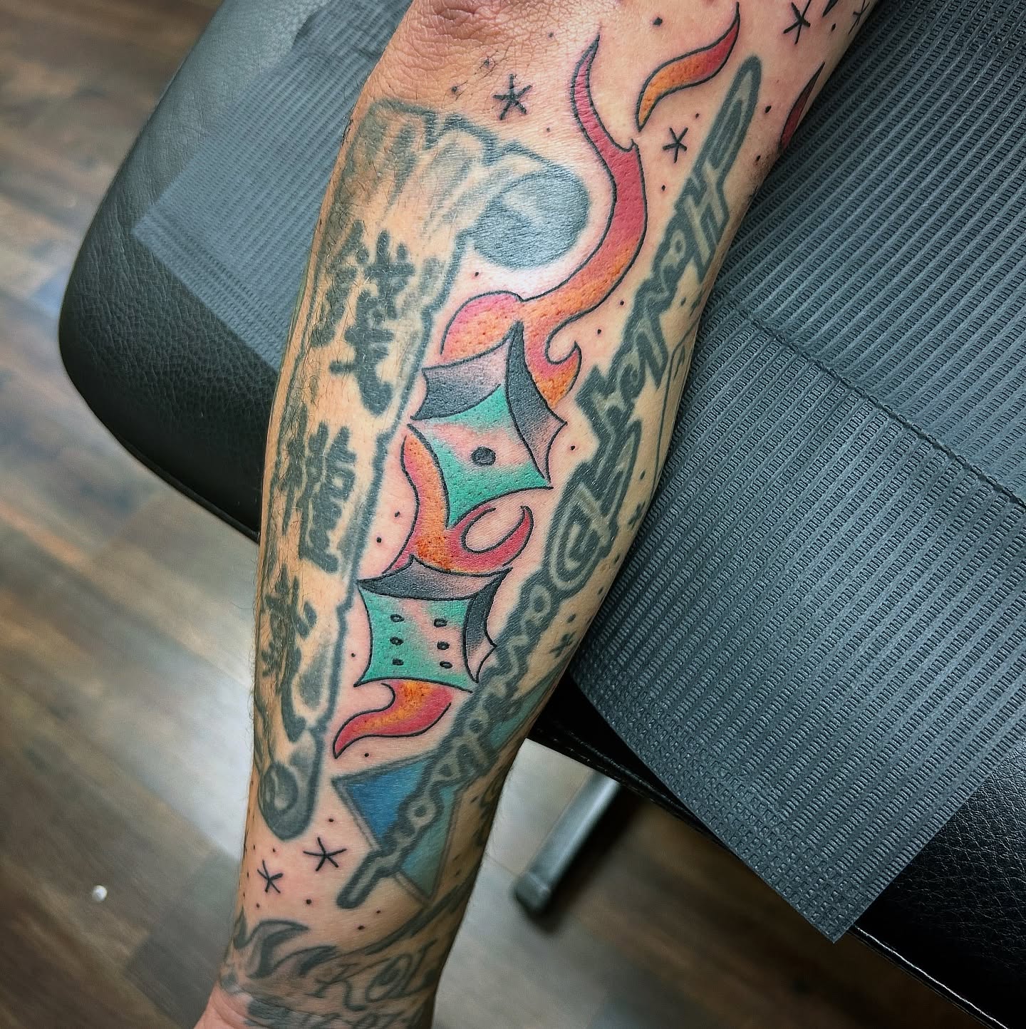 Abstract design American traditional tattoo on the forearm by Patricia Cunningham