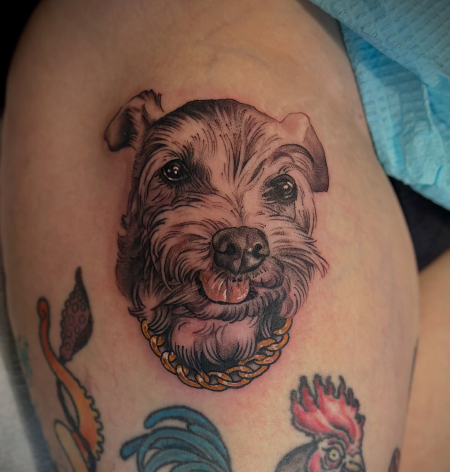 Dog realism tattoo on the thigh by Holly Ellis, San Francisco, California