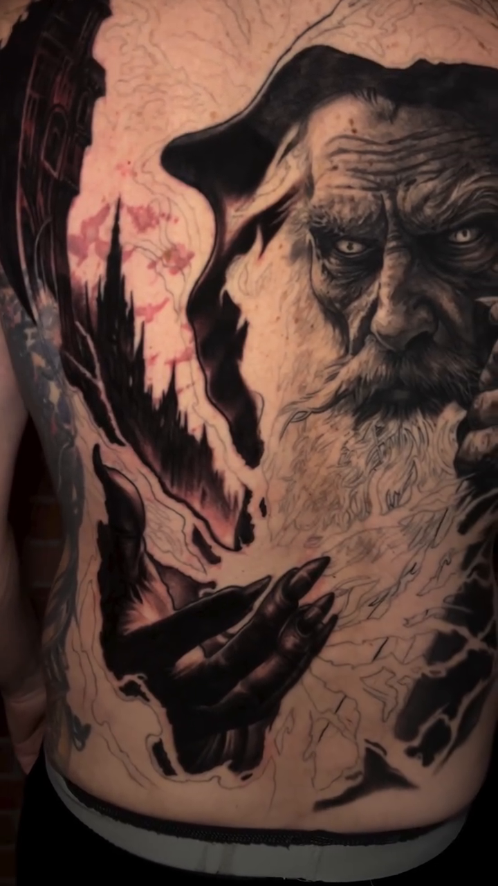 Old man's face realism tattoo by Raul Ugarte, Roseville, California