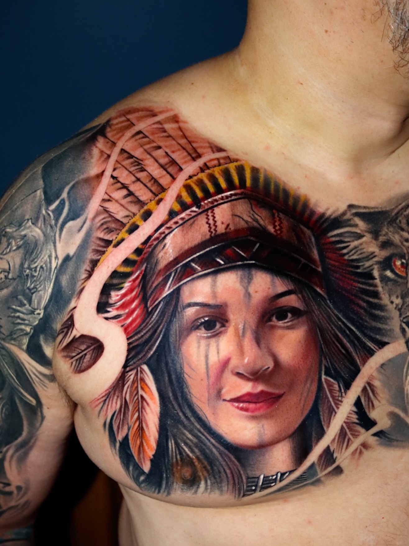 Portrait of a woman realism tattoo on the chest by Gary Barrera