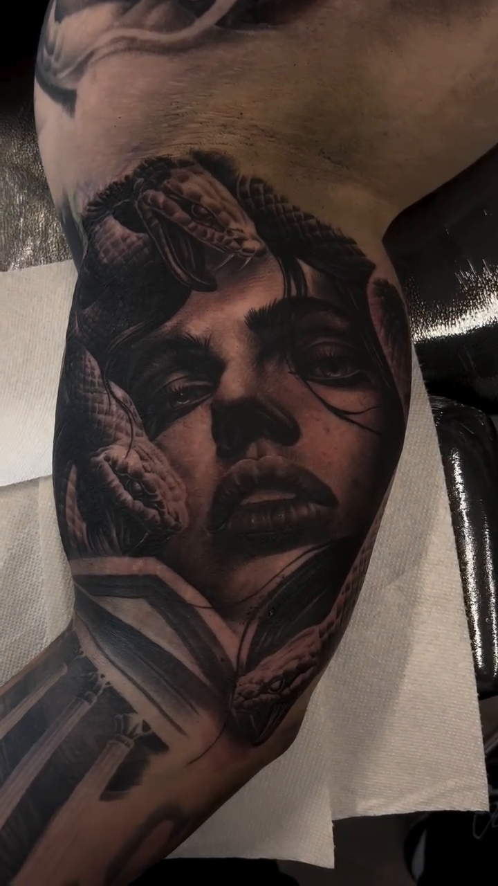 Woman with snakes realism tattoo by Antonio Pavić, Los Angeles, California