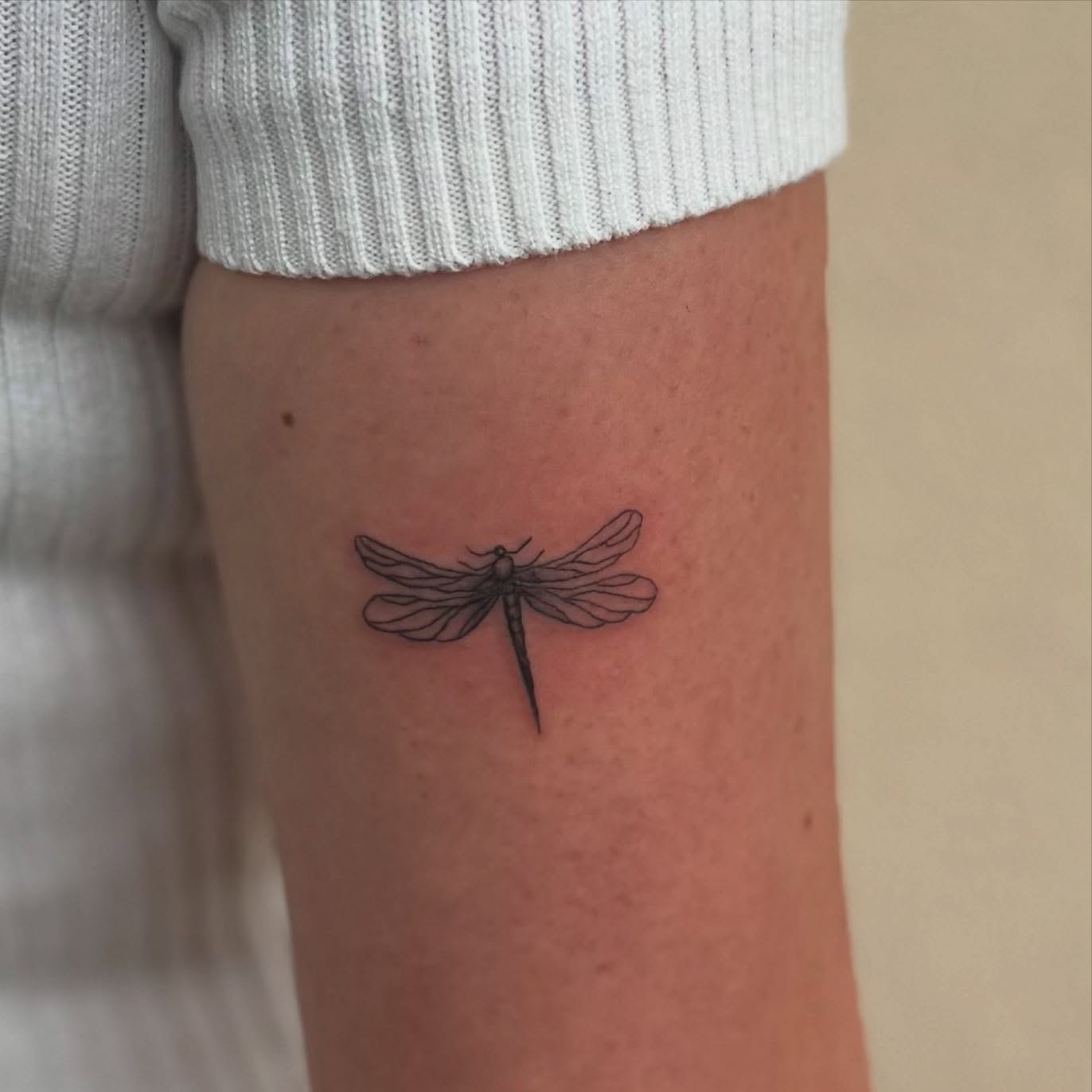 Dragonfly fine line tattoo on the forearm by Kylee Snow