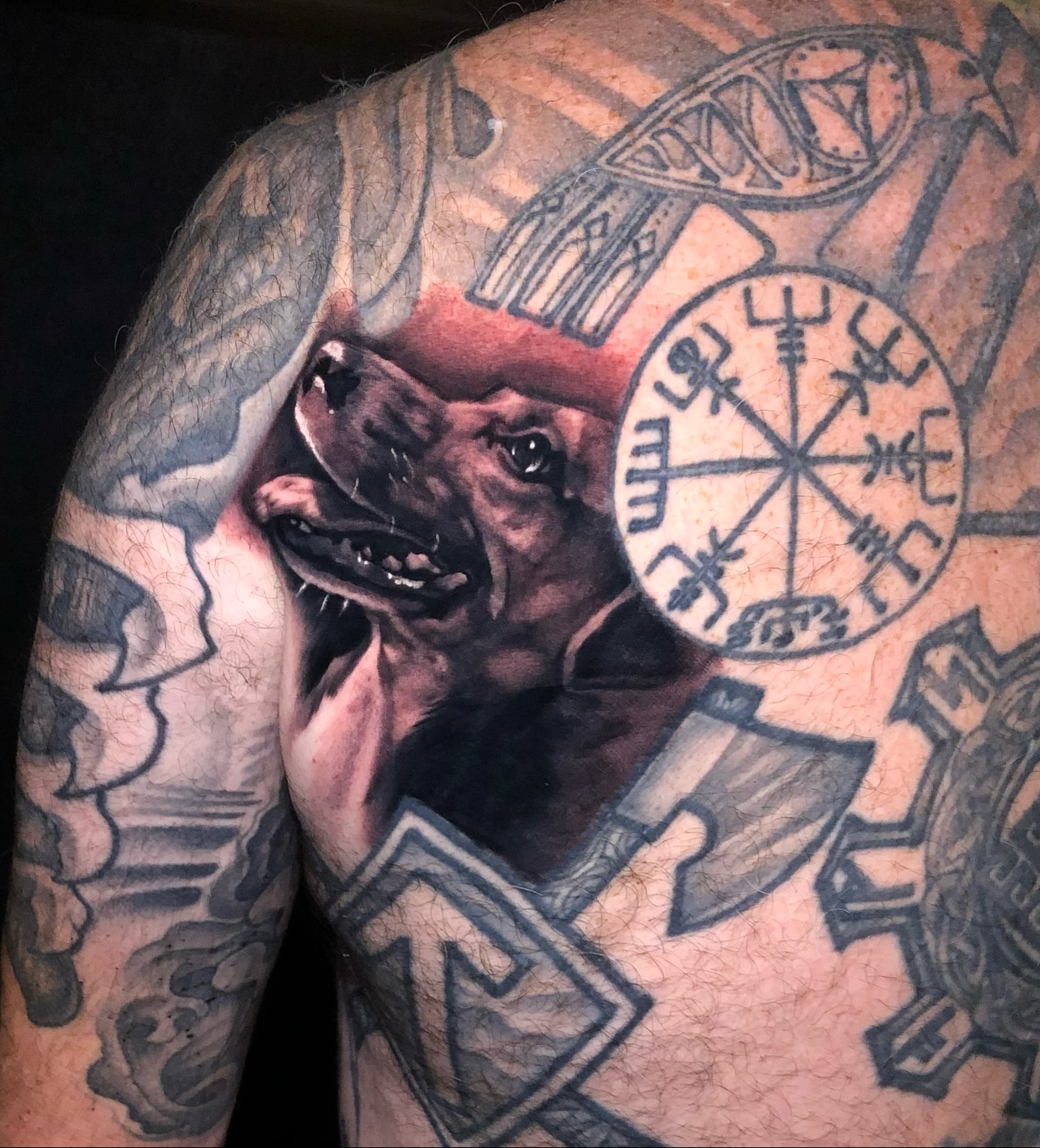 Dog realism tattoo on the shoulder by Emily Walker